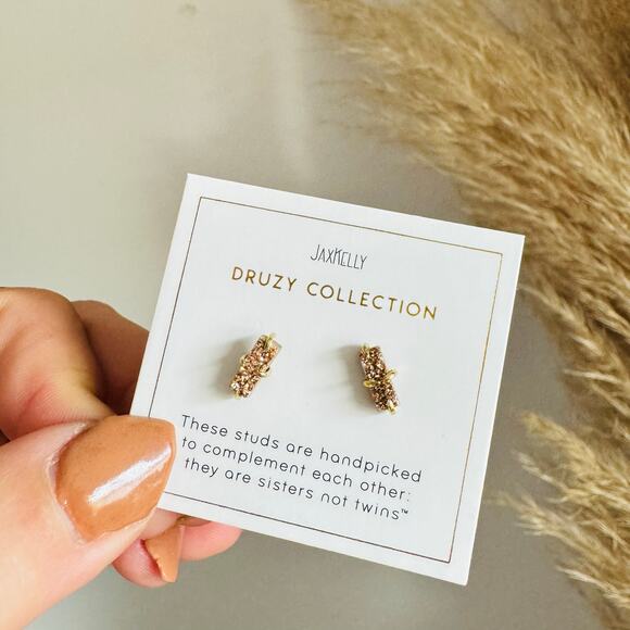 NEW ANTHROPOLOGIE Champagne Rose Gold 14kt Druzy Stone Gemstone Bar Earring - Picture 2 of 7